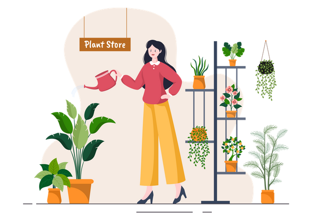 Girl watering flowers in shop  Illustration