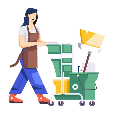 Girl with Cleaning Trolley  Illustration