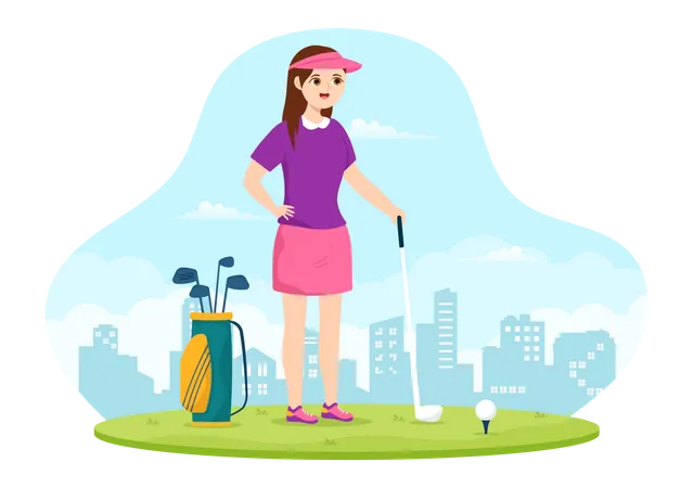 Girl with golf kit  イラスト