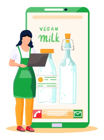 Girl working on computer on vegan milk  Illustration