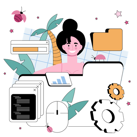 Girl working on data management  イラスト