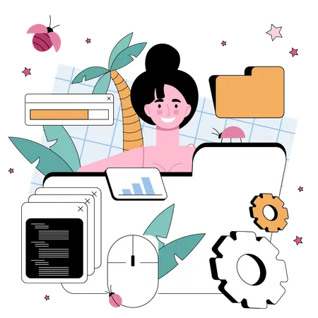 Girl working on data management  イラスト