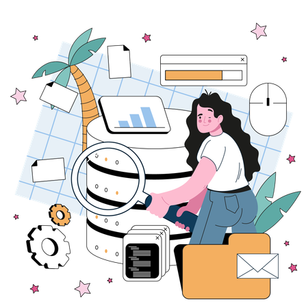 Girl working on server analysis  イラスト