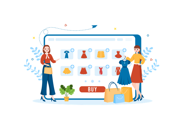 Girls doing online clothes shopping  Illustration