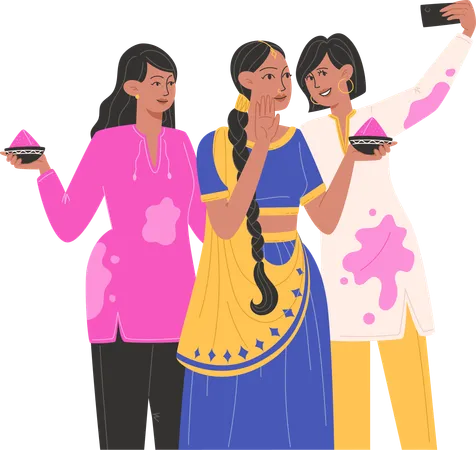 Girls group taking selfie on holi  Illustration