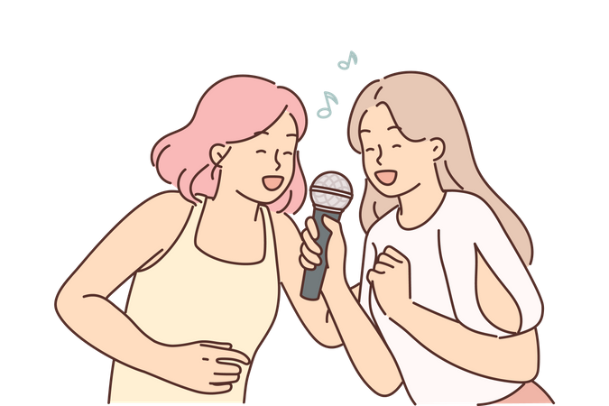 Girls singing karaoke  Illustration