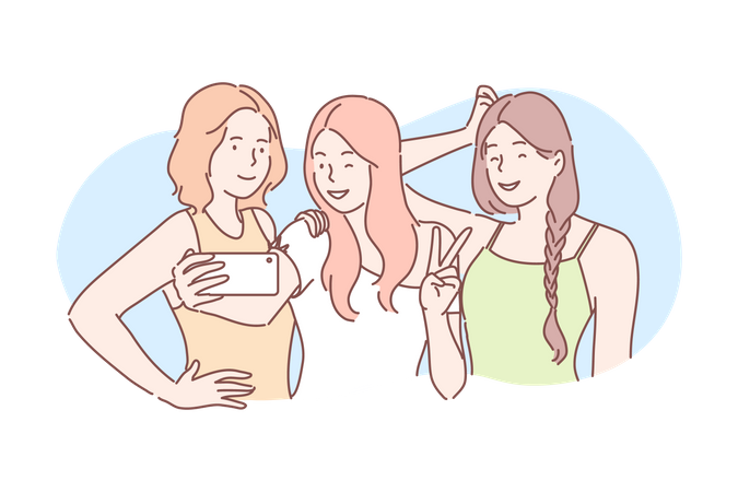 Girls taking group selfie  Illustration