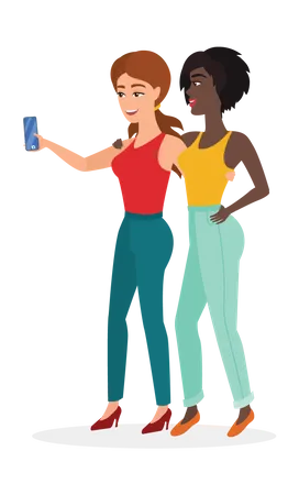 Girls taking selfie on mobile  Illustration