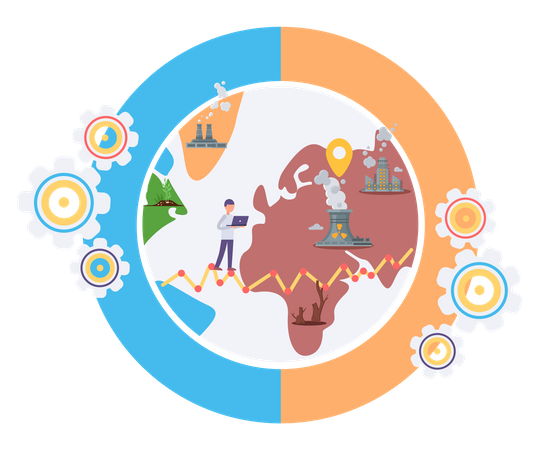 Global pollution problem. Influence of factories around the world. Impact of human activity  Illustration