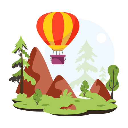 Globo aerostático en el bosque  Ilustración