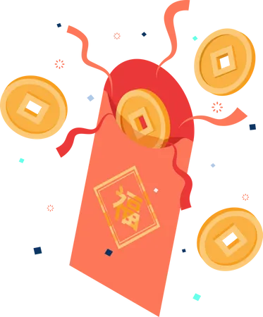 Golden Coin Inside Red Envelope  Illustration