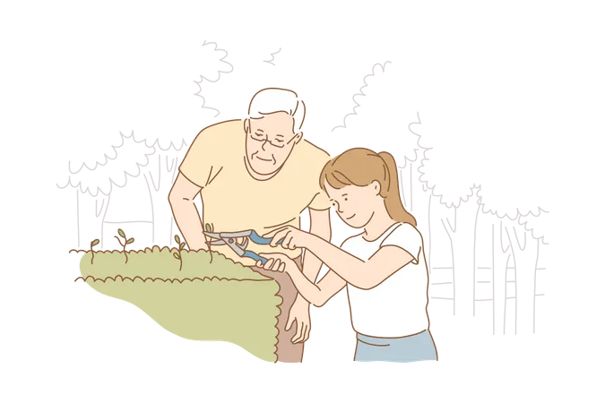 Grand father teaching plant cutting to grand daughter  Illustration