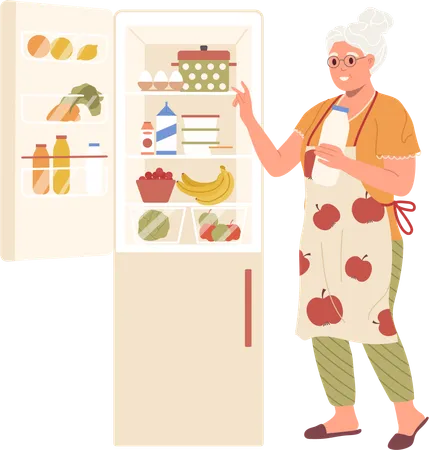 Grand-mère prenant des ingrédients pour la préparation des aliments en regardant le réfrigérateur ouvert  Illustration