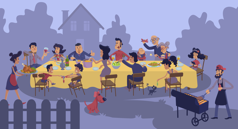 Grande reunião de família à mesa ao ar livre  Ilustração