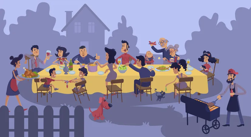 Grande reunião de família à mesa ao ar livre  Ilustração