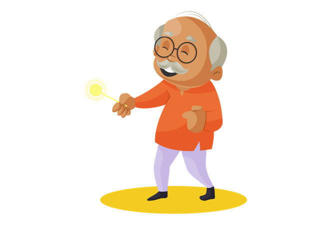 Grandfather Playing with sparkle stick in Diwali  Illustration