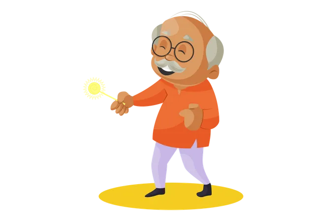 Grandfather Playing with sparkle stick in Diwali  Illustration