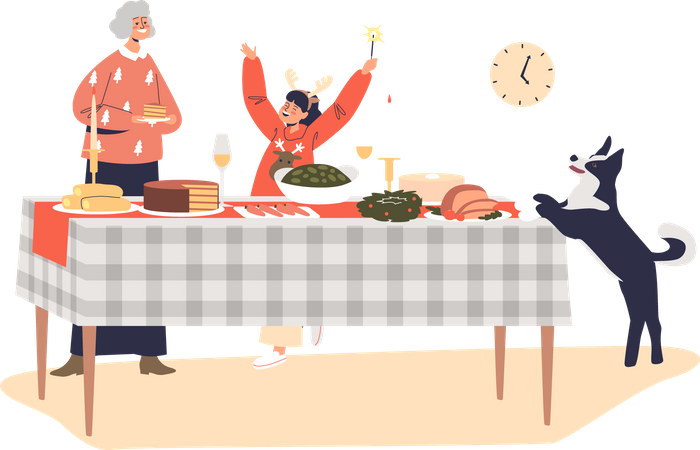 Grandmother and kid girl serving table for christmas  イラスト