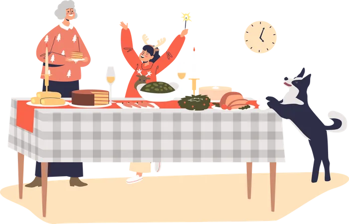 Grandmother and kid girl serving table for christmas  イラスト