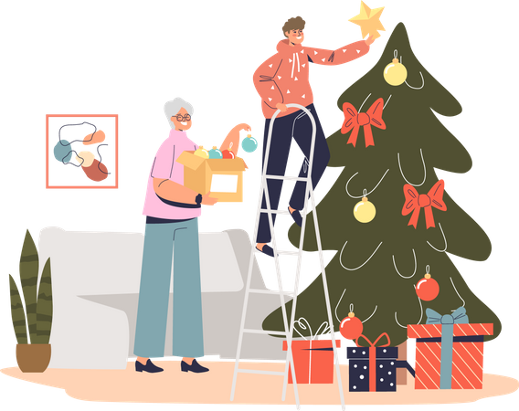 Grandmother decorating christmas tree together with grandson hanging star to pine top  イラスト