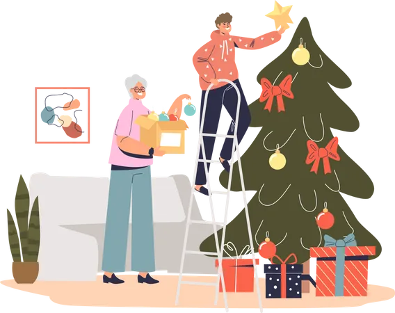 Grandmother decorating christmas tree together with grandson hanging star to pine top  イラスト