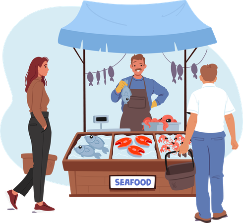 Granjero vende mariscos en mercado de pescado  Ilustración