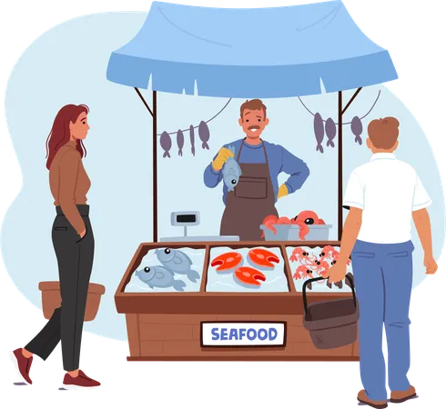 Granjero vende mariscos en mercado de pescado  Ilustración