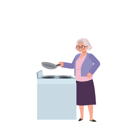 Granny Cooking Traditional Homemade Meals on Stove  イラスト