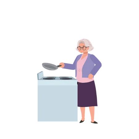 Granny Cooking Traditional Homemade Meals on Stove  イラスト