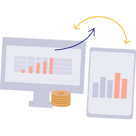 Graph being shared from mobile via monitor  일러스트레이션