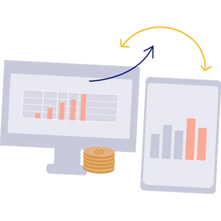 Graph being shared from mobile via monitor  일러스트레이션