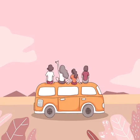 Group of friends sitting on van  Illustration