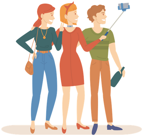 Group of friends taking selfie on phone  Illustration