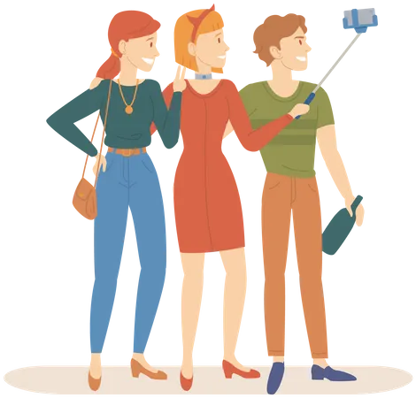 Group of friends taking selfie on phone  Illustration