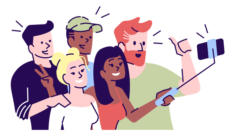 Group selfie with selfie stick  Illustration