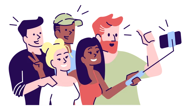 Group selfie with selfie stick  Illustration