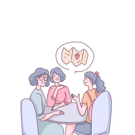 Grupo de amigas discutem destino de viagem  Ilustração