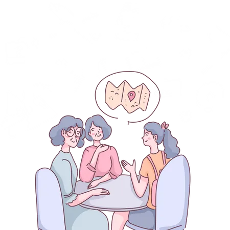 Grupo de amigas discutem destino de viagem  Ilustração