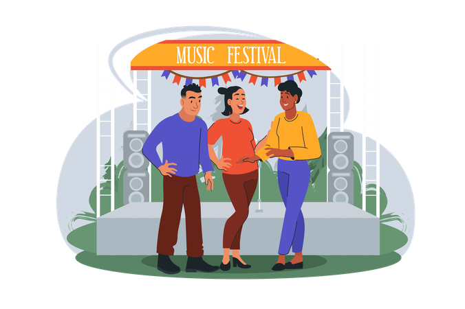 Grupo de amigos veio a um festival de música para se divertir  Ilustração