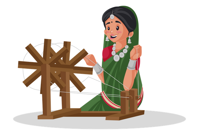 Gujarati woman is working on a spinning wheel  Illustration