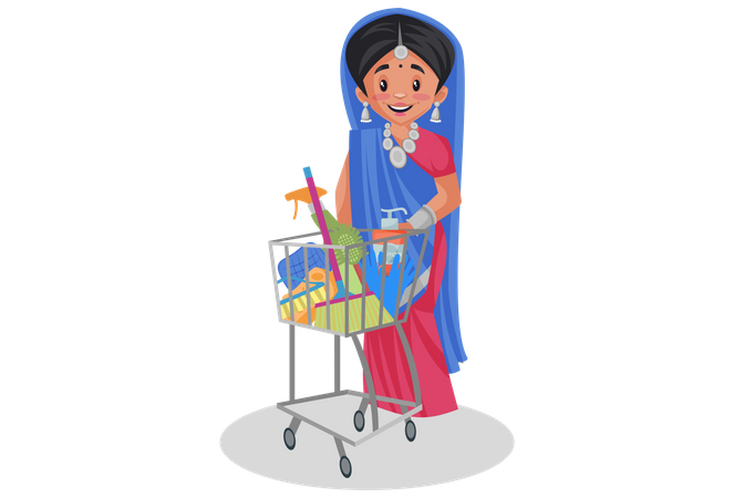 Gujarati woman standing with shopping cart  イラスト