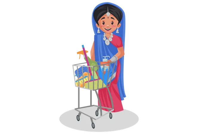 Gujarati woman standing with shopping cart  イラスト