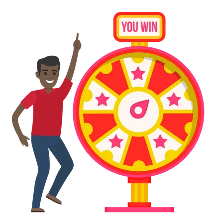 Guy spinning wheel of fortune to win prize  Illustration