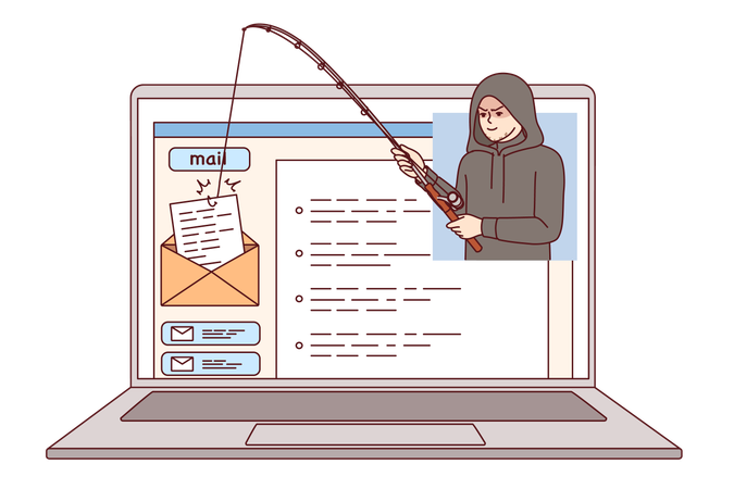 Hacker usa phishing para hackear e-mail pela internet em laptop e roubar e-mails confidenciais  Ilustração