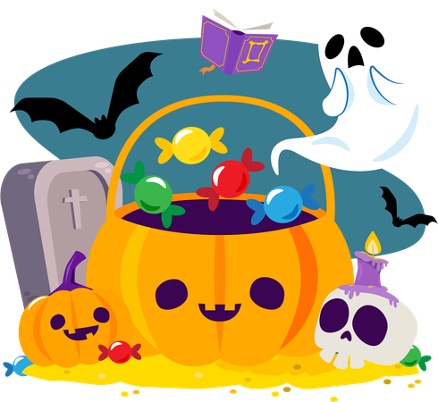 Jack o latern pumpkin with candies and halloween character  イラスト