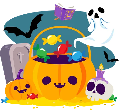 Jack o latern pumpkin with candies and halloween character  イラスト