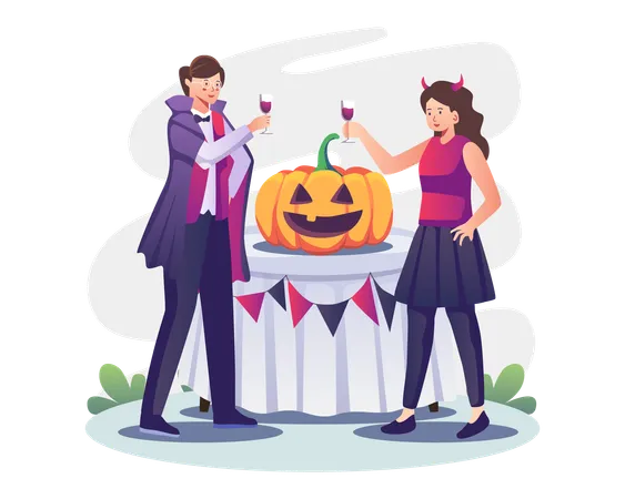 カップルによるハロウィーンのお祝い  イラスト