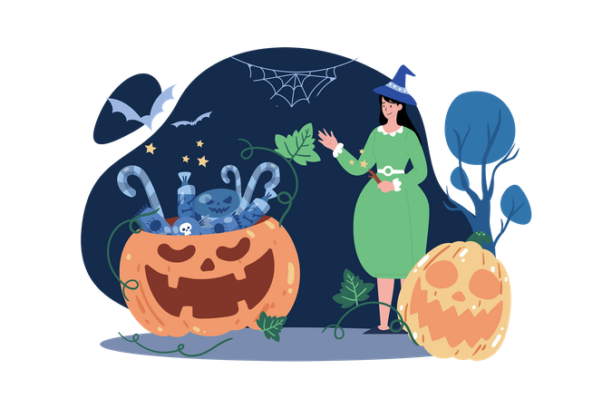 Halloween witch giving out candies for kids  イラスト