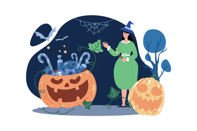 Halloween witch giving out candies for kids  イラスト