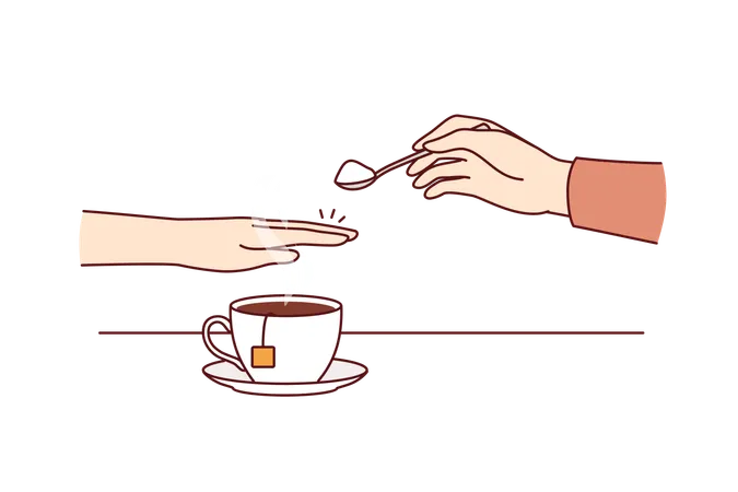 Hand of person with diabetes and refusing sugar covering tea with palm to avoid increase in insulin  Illustration